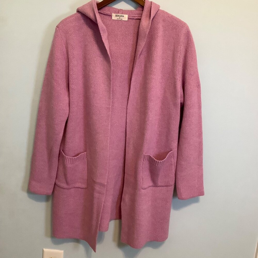 Zenana Women’s Small Hooded Cardigan Lilac Open Front 2 Pockets EUC